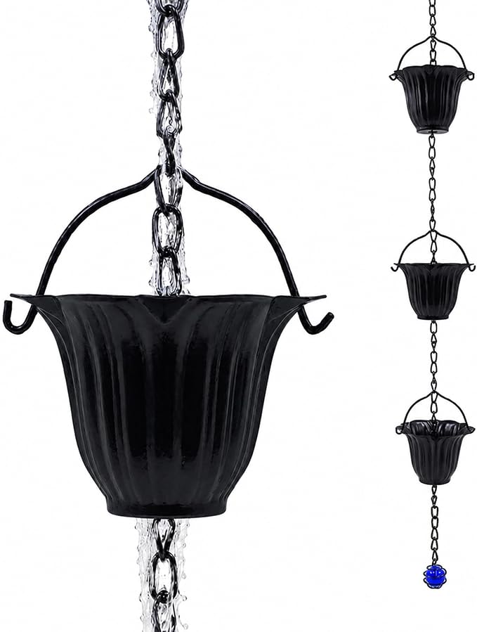 Black Rain Chain for Gutters, 12 Cup Tulip Decorative Water Feature, 8FT 8IN Adjustable Metal Chain Rain Diverter for Modern Outdoor Garden Décor with Crystal Accent