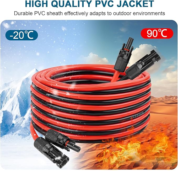 10 AWG Solar Extension Cable 20FT, Flexible Solar Panel Wire with Male to Female Connector Parallel Tinned Copper Wire for Solar Panel, Automotive, RV, Boat, Outdoors
