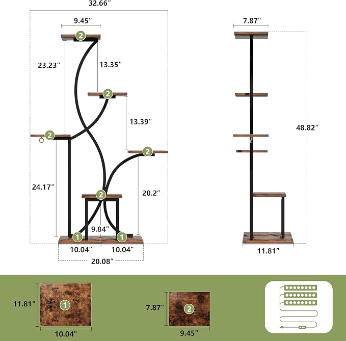 Plant Stand Indoor with Grow Lights, 6 Tiered Indoor Plant Shelf, 48'' Corner Plant Stands for Indoor Plants, Lighted S-Shaped Plant Rack, Tall Flower Holder Display for Living Room, Home (Black)