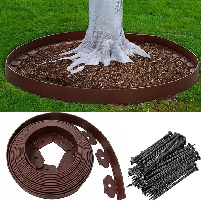 Landscape Edging 120FT, 4IN Tall Garden Edging Border with 180pcs Spikes, Plastic Lawn Edging Kit, Tool-Free Flexible Borders Edging for Garden Flower Beds Tree Surrounds Yard Pathway, Brown