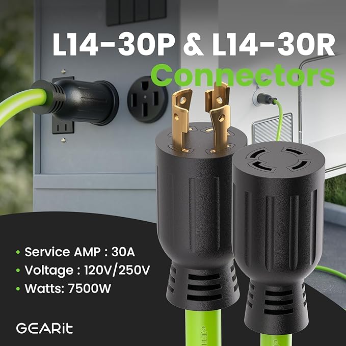 GEARit 30-Amp Generator Extension Cord, 120/250-Volt, 4-Prong, 7500W, NEMA L14-30P/L L14-30R, 10 Gauge SJTW Locking Power Cord for Manual Transfer Switch, Portable Generator Power Outage, 10 Ft, Green