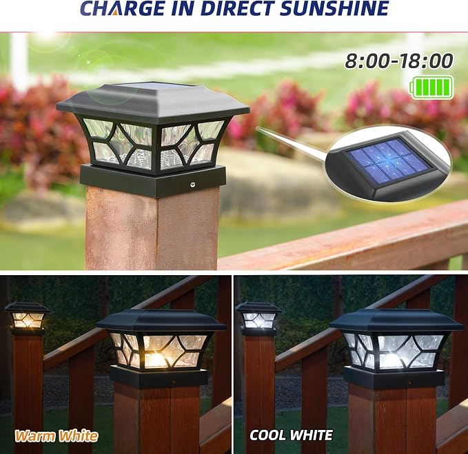 APONUO Solar Post Cap Lights 8 Pack with 1000mAh Battery - for 4x4 5x5 6x6 Fences, Larger Size & Longer Lasting, 2-Mode, IP64 Waterproof, for Fence Deck Patio Porch Yard (Black)