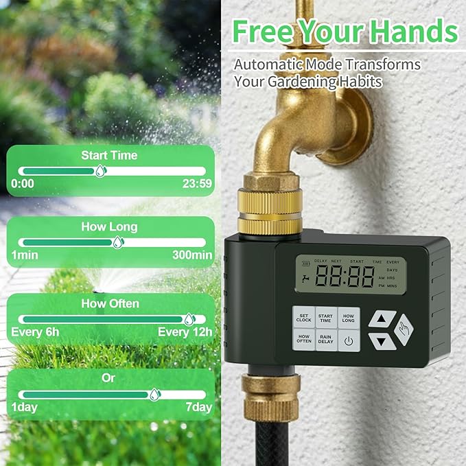 Hose Faucet Water Timer for Outdoor Garden with Brass Inlet, Ortis Programmable Sprinkler Timer with Rain Delay/Manual/Automatic Mode, IP67 Leak-Proof Design for Lawn Yard, 1 Outlet