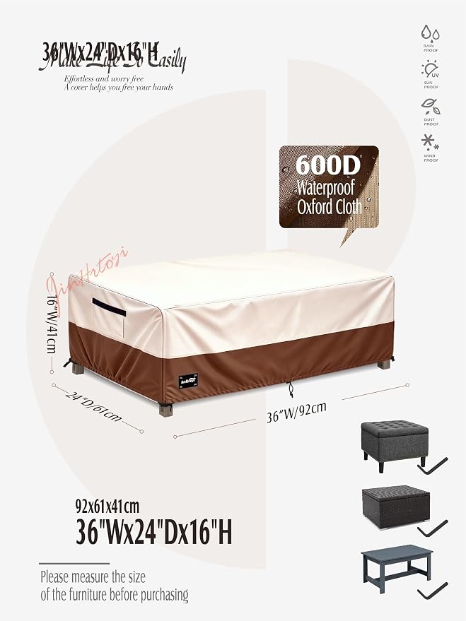 Patio Coffee Table Cover,36Wx24Dx16H Inches 100% Waterproof Heavy Duty Outdoor Rectangular Side Table Cover,Beige&Brown Modern Style Outdoor Furniture Covers
