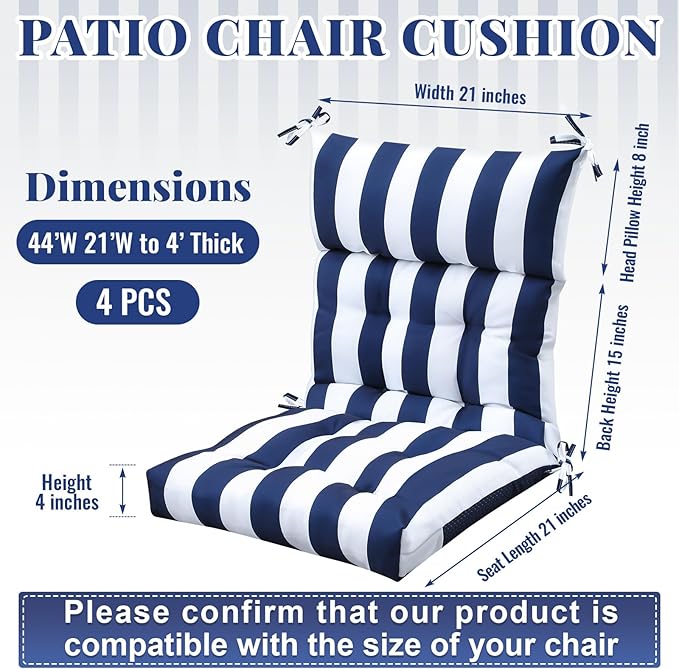 Sintuff 4 Pcs 44 x 21 x 4 Patio Chair Cushions Outdoor Chair Cushion Seat/Back Tufted Pillow with Ties Water Resistant Replacement Indoor Patio Furniture Outdoor Furniture (Stripe,Blue and White)