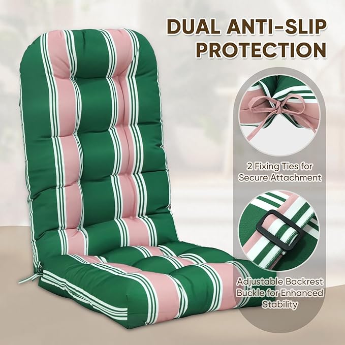 COOS BAY High Back Adirondack Chair Cushions for Outdoor Furniture, 49x20x5 in Water-Resistant Thick Tufted Patio Chair Cushions with Secure Straps, Set of 2, Rosewood Stripe