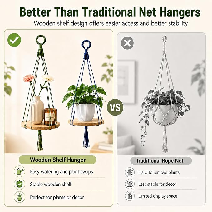 Artilady 3 Pack Hanging Planter with Wood Shelf, Macrame Plant Hanger for Indoor Boho Plants Basket Holder for Window Balcony Kitchen