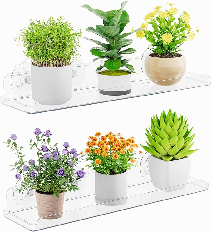 Lifewit Window Plant Shelves 14.6", 2 Pack Acrylic Suction Cup Floating Shelf for Bathroom Mirror, or Kitchen Wall, Clear No-Drill Window Sill Extender for Indoor Micro Greens 37 x 9 cm/14.6x3.6