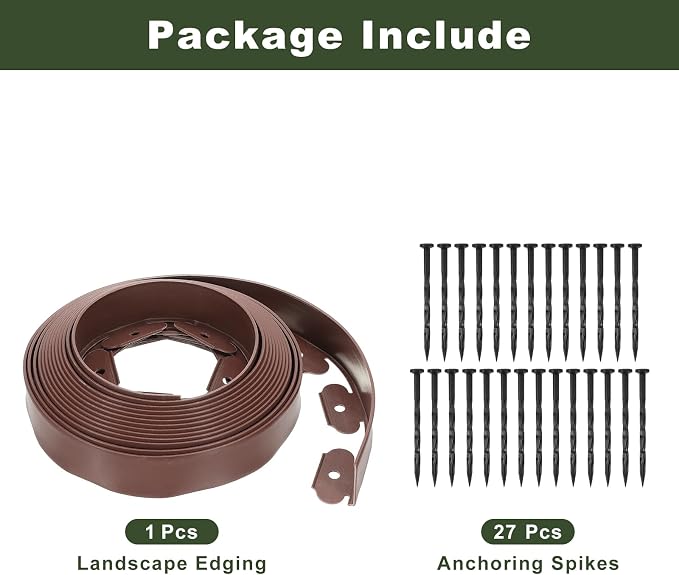 uxcell Landscape Edging, 1Pcs 30FT x 2" - Garden Edging Kit with 27 Stakes, Landscape Edging Border for Garden Lawn Flower Bed Yard Grass (Brown)