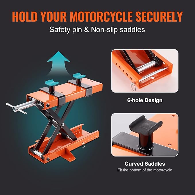 VEVOR Motorcycle Lift, 1100 LBS Motorcycle Center Scissor Lift Jack with Saddle & Safety Pin, Steel Motorcycle Jack Hoist Stand for Street Bikes, Cruiser Bikes, Touring Motorcycles