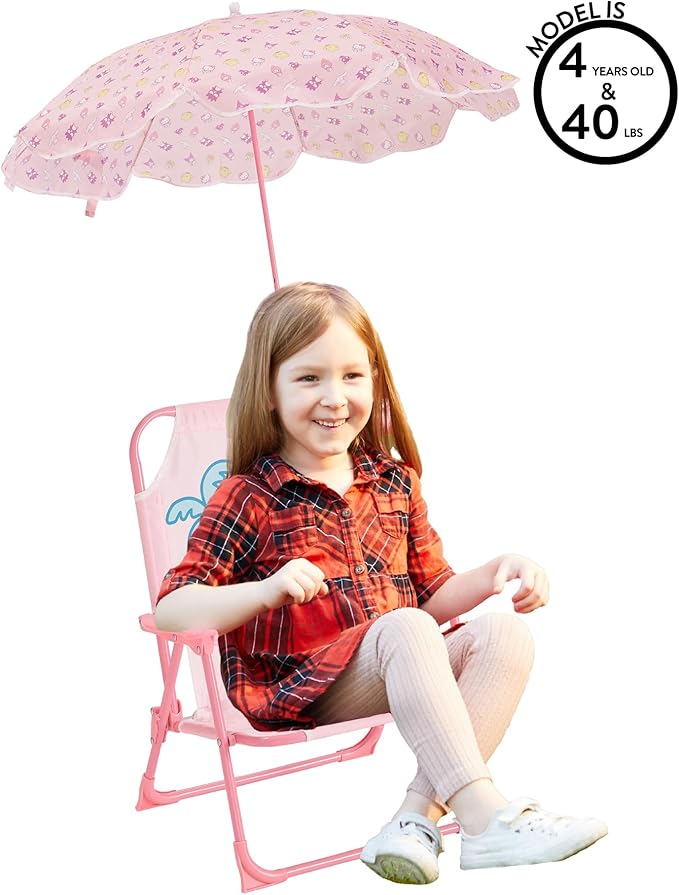 Sanrio Hello Kitty Kids Outdoor Folding Beach Chair with Umbrella,Portable Camp Chair for Ages 3+, Lightweight & Compact for Beach, Camping, and Backyard