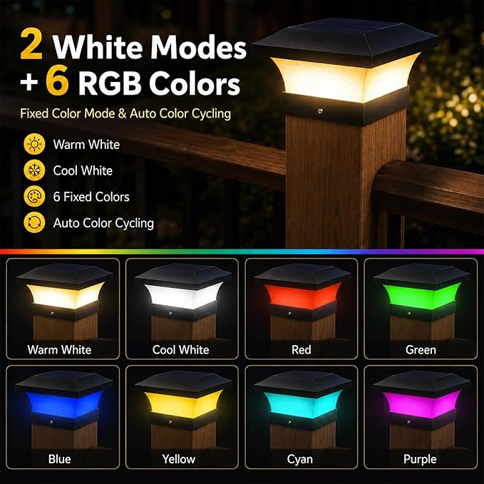 T-SUN Solar Post Cap Lights, Outdoor Waterproof Post Solar Lights, Color Changing Fence Post Solar Lights for 4X4 5X5 6X6 Wood & Vinyl Posts, Deck, Patio Railing, Porch, (Black-2 Pack)