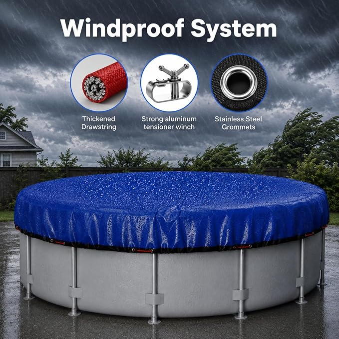 24FT Heavy Duty Pool Cover for Above Ground Pools,200 GSM Tear-Resistant Material,Windproof Secure Fit,All-Season UV Protection,Against Snow,Rain & Debris