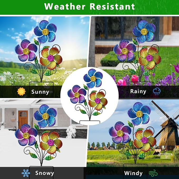 Wind Spinner Outdoor,Waterproof Metal Garden Windmill with Flowers,Pinwheels for Yard and Garden, Flower Wind Sculpture & Spinner for Patio Lawn Decor