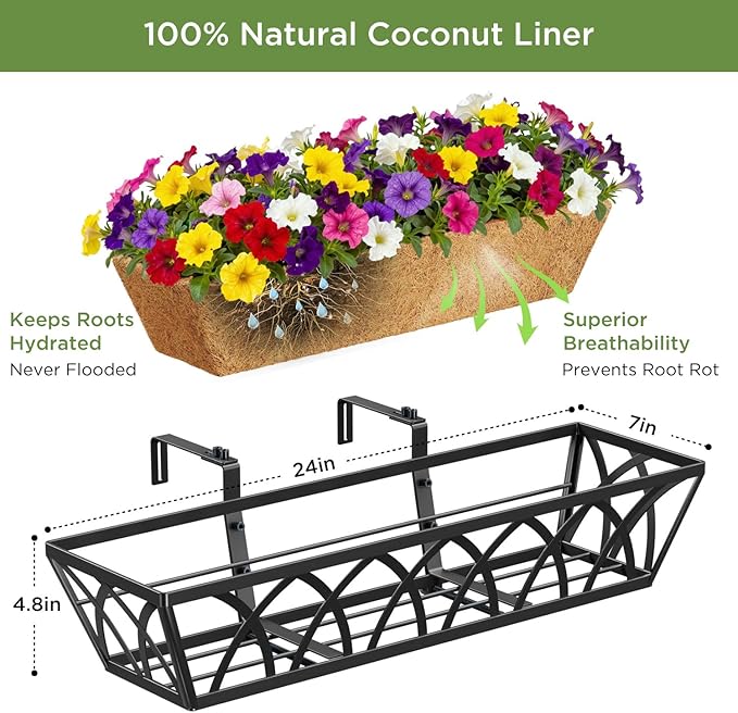 Y&M Window Boxes Horse Trough with Coconut Coir Liner, 24 Inch Window Deck with Coco Liner, Fence Metal Hanging Flower Planter Window Basket Deck Railing Planter Boxes (X - 24in 2P)