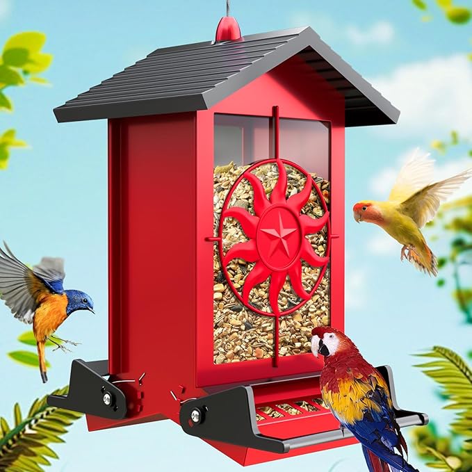 Squirrel Proof Bird Feeders for Outdoors with Weight-Activated, 5LB Large Metal Wild Bird Feeders for Cardinals,Blue Jay,Finch, Weatherproof Durable Hanging Bird Feeder for Backyard,Garden (Red)