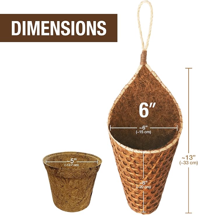 Thai Coconut Fiber Hanging Basket Planter for Indoor Outdoor Patio Summer Decoration, 6 Inch, 2-Pack