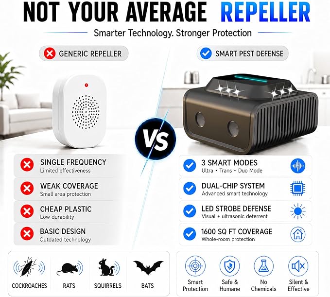 Ultrasonic Rodent Repeller Plug in for Mice, Rats & Squirrels – Electronic Pest Repellent Indoor – Mouse Deterrent for Home, Kitchen, Attic, Garage – Humane Rat Control (Black)