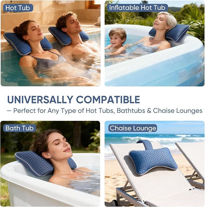 2-Pack Large Pillows for Hot Tub (Blue), Spa & Chaise Lounge – Universal Headrest & Neck Support Cushion with Removable Weighted Pouch, Long Strap for Height Adjustment & Easy-Dry Hook
