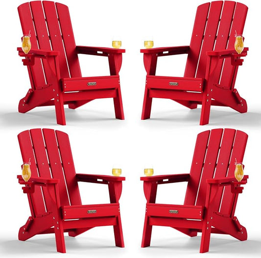 Folding Adirondack Chair Set of 4, HDPE Adirondack Chairs with 2 Cup Holder, Plastic All-Weather Fire Pit Chairs, Outdoor Lawn Chair for Patio Garden (Red)