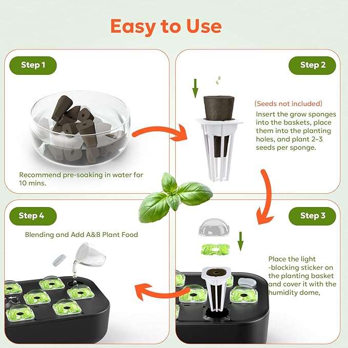 owltron 50 Pcs Hydroponic Seed Pods Kits, Grow Anything Kit Pod for Indoor Herb Garden with 12 Sponges, 2 A&B Nutrient Plant Food, 12 Baskets, 12 Stickers, 12 Germination Domes（Square)
