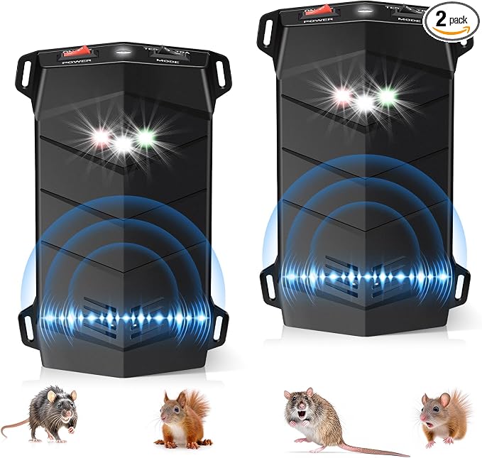 Rodent Repellent for Car Engines-2Pack, Ultrasonic Mouse Repeller with Variable Frequency Sound & LED Flash, Under-Hood Rodent Protection for Cars, Garages, Attics, and Indoor/Outdoor Areas