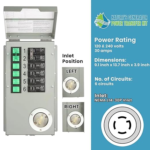 Nature's Generator Transfer Switch 6 Circuits 120/240V 30A Power Transfer Kit+Transfer Switch Flush Mount