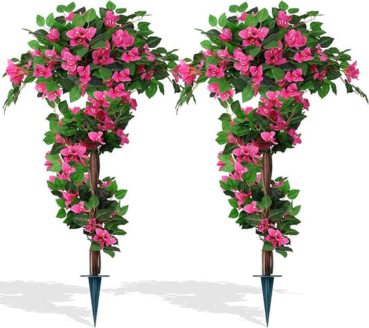 2Pack 4FT Artificial Bougainvillea Topiary Trees for Outdoor, Fake Silk Flowers Plants Bushes with Ground Spike, Faux UV Resistant Shurbs Trees for Outside,Front Porch,Patio,Balcony Decor