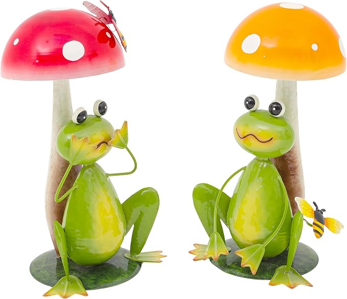 15.3" Large Frog Decor Set of 2, Handcrafted 3D Lifelike Metal Frog with Mushroom Sculpture, Outdoor Yard Art for Garden, Lawn & Home, Ideal Gift for Friends for Birthday Day & Housewarming