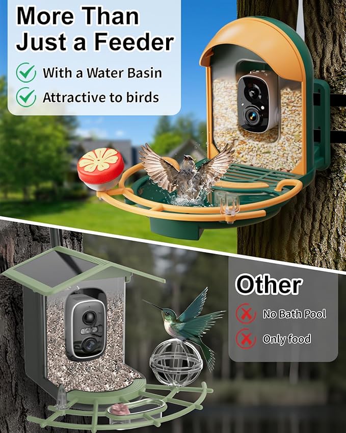 Bird Feeder with Camera, 2K HD Camera Birds Feeder with Bath Wireless Outdoor, Solar Powered Bird Watching with APP Control, Night Vision, Motion Detection Alerts, Birdfeeder for Backyard, Dark Green