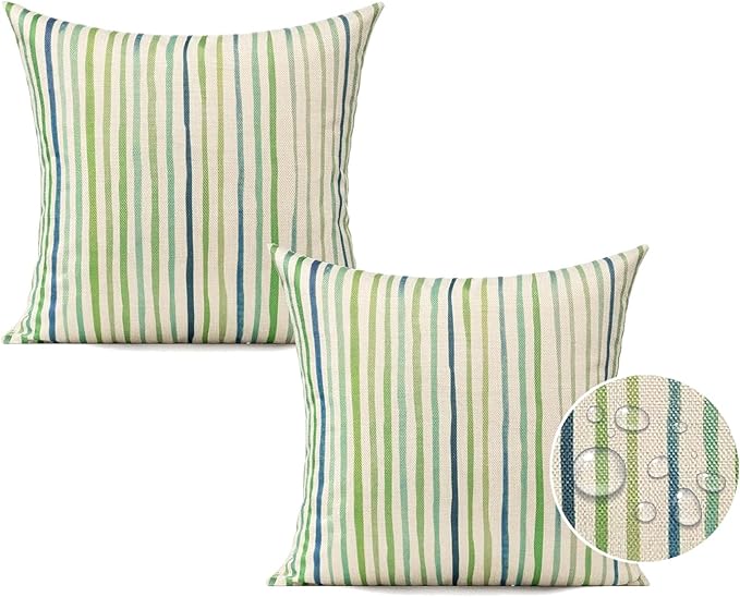All Smiles Spring Outdoor Green Throw Pillow Covers for Patio Bench Garden Porch Sunbrella Furnitures Sage Lines Stripes Cushion Cases Decorative 20x20 Set of 2 for Sofa Couch