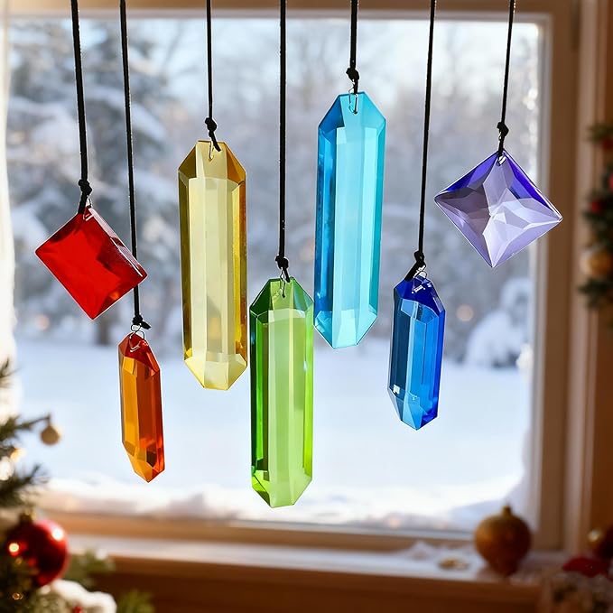 HDCRYSTALGIFTS 7pcs Crystal Prisms Suncatchers for Windows Hanging Rainbow Chakra Sun Catchers Indoor Windows Outdoor Home Garden Decor Glass Ornaments for Tree