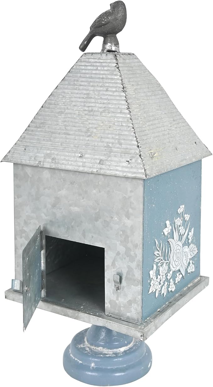 Rustic Blue Metal Bird House, Decorative Bird House with Country Garden Accents & Bird Topper, Standing Design Bird Home - Ideal Outdoor Garden Decor (Blue-Garden)