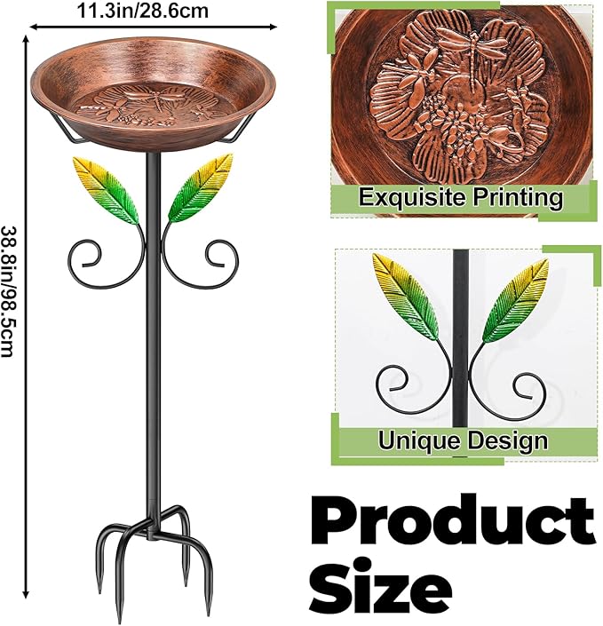 Metal Bird Bath for Outside Feeder Bowl, Detachable Birdbath & Birdfeeder with Base Stake, Vintage Bird Baths for Outdoors Garden Yard Lawn Decor (Dragonfly Vintage Brown)