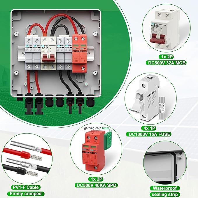 2 String Solar PV Combiner Box IP65 2 in 1 Out DC500V 32A Circuit Breaker with Surge Protector and 15A PV Fuse,Solar Disconnect Switch Outdoor Waterproof for Solar Panels System