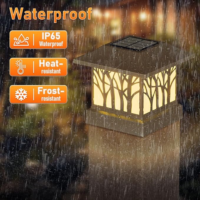 2 Pack Solar Post Cap Lights, Outdoor Fence Solar Powered Cap with 4 Lighting Modes Waterproof Light Decorative for Deck Patio or Garden Decor, Fits 4x4 Wood Vinyl Posts (Tree-Pattern Design)