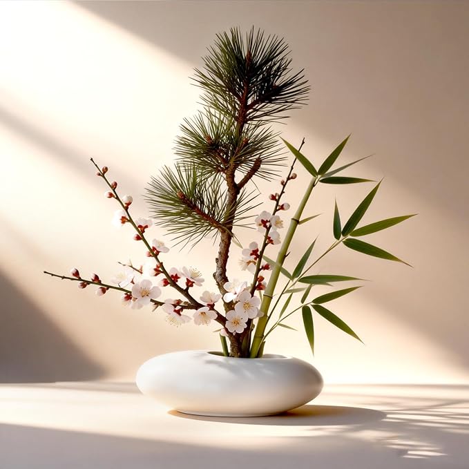 Japanese Inspired Ceramic Vase Ikebana kit, Pebble Shaped Flower Arrangement Bowl with 1.57 inch Flower Frog Pin Frog Flower Stems Holder (Small White)