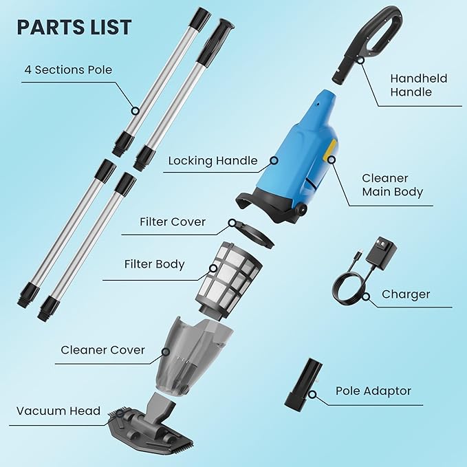 Handheld Pool Vacuum for Above Ground Pool, Cordless Pool Vacuum w/ 4-Section Pole, Pool Cleaner w/ 18 GPM & 90 Min, Ideal for Leaves Dirt Sand, Hot Tubs Spas Above Ground Pools Inground Pools, Blue