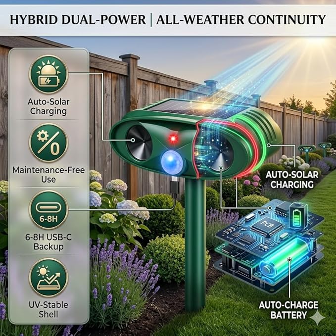 2Pack Ultrasonic Deer Repellent Devices Solar Animal Repellent Outdoor with Motion Sensor to Keep Cat Rabbit Raccoon Out of Yard Garden Squirrel Fortress Pro IP65 Waterproof Deer Deterrent for Plant