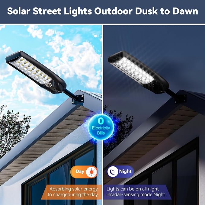 MMKT Solar Lights Outdoor Waterproof, 12000W 3 Colors Solar Street Light Heavy Duty, Solar Patio Lamp, Dusk to Dawn Security Flood Lights with Motion Sensor for Pathway,Garden,Garage 2Pack