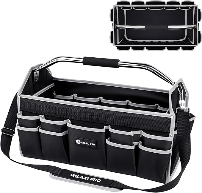 20in Tool Bags For Men Heavy Duty, 22 PCS Pockets Tool Bag Organizer Foldable Open Top Tool Bag With Handle, Wide Mouth Electrician Tool Tote, Grey