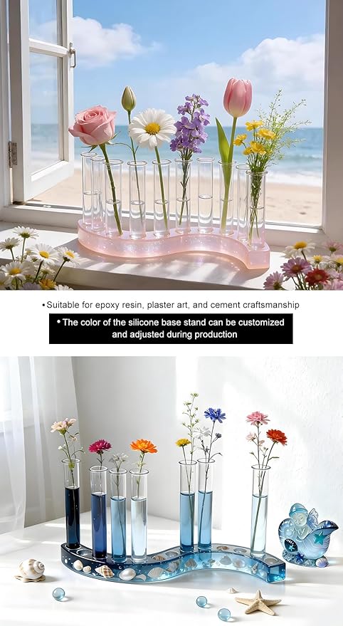 Flower Vase Resin Molds Silicone， Circular and Curved Silicone vase Base+32 Flower Arranging Test Tubes, Suitable for Inserting Fresh Flowers and Cultivating Plants, Desktop Vases Home Decor (A)