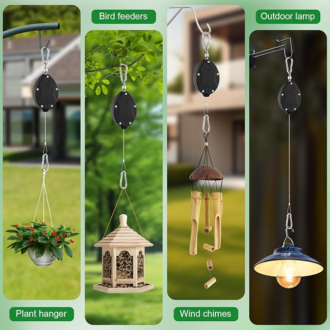 Heavy Duty Retractable Plant Hangers, Adjustable Pull-Down Pulleys with 63" Stainless Steel Rope, Double Hooks for Hanging Plants, Bird Feeders, Planters & Pots, Indoor & Outdoor Use (2Pcs- Black)