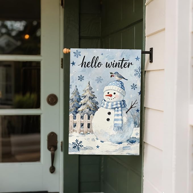Winter Snowman House Flag 28x40 Inch Christmas Tree Snowflake Cardinal Hello Holiday Decorative Garden Flags for Outside Double Sided Seasonal Outdoor Home Farmhouse Decoration Yard Porch Decor