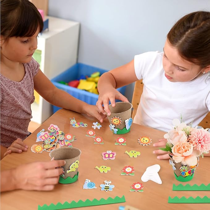 Ayfjovs Garden Paper Pot Craft Kit, 55 Pack Flower Plant Spring Craft for Kids with 200 PCS Adhesive Foam Stickers and 55 PCS Plastic Plant Labels for Kids Craft, Classroom Decor, Mother's Day