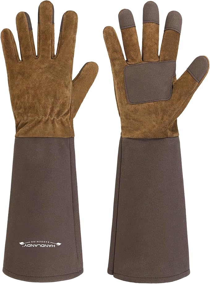 HANDLANDY Long Gardening Gloves for Men & Women, Cowhide Leather Rose Pruning Gloves- Breathable & Durable Gauntlet Glove (X-Large, Brown)