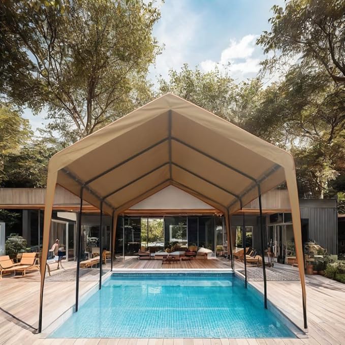 12x20 ft Heavy Duty Outdoor Portable Ventilated Canopy Carports, Garage Car Shelter with Removable Doors and Sidewalls, Sand