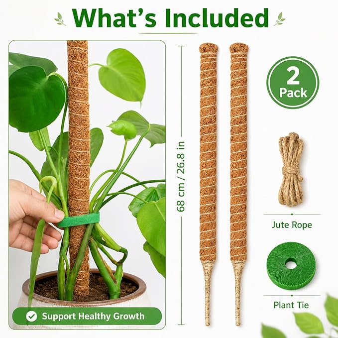 2 Pack Moss Pole, 26.8-Inch Moss Poles for Plants Monstera,Bendable Plant Support Stakes for Climbing Plants Indoor, Garden Trellis Plant Stick for Potted Plants, Pothos Philodendron