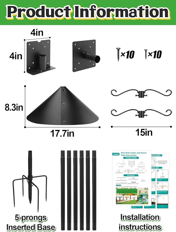95 Inch Bird Feeder Pole with Squirrel Baffle - Adjustable Height Bird House Feeding Station Stand with Heavy Duty 5-Prong Anchor Shepherds Hook Hanger for Outdoor Garden Birds Watching