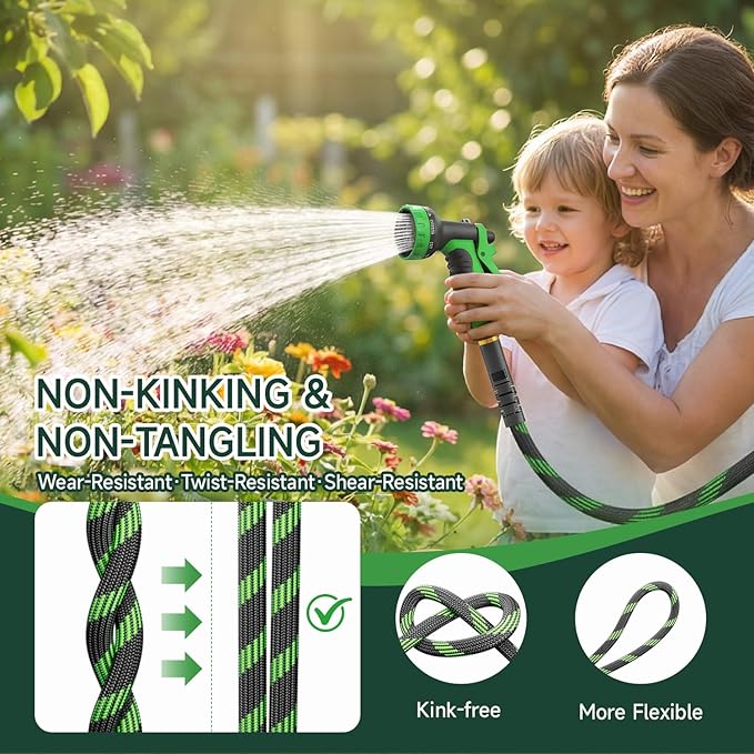 Non-Expandable Garden Hose 50 FT, Heavy-Duty & Flexible Water Hose with 10-Function Nozzle, Kink-Free & Leak-Proof Design, Ultra Lightweight Portable Yard Hose for Lawn, Car, Outdoor Use